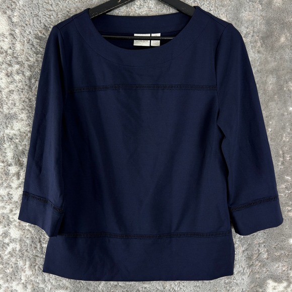 Chico's Tops - Chico's Size 0 US S Ladder Trim Boat Neck Knit Top Navy Blue 3/4 Sleeve Women